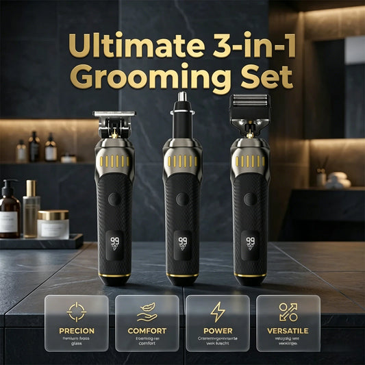 ⏳OFFRE À DURÉE LIMITÉE : 50 % DE RÉDUCTION ! 🏆Kit de soins professionnel 3-en-1 de luxe pour homme – Tondeuse à lame en T, rasoir à grille et tondeuse pour nez – Avec écran LED et recharge USB