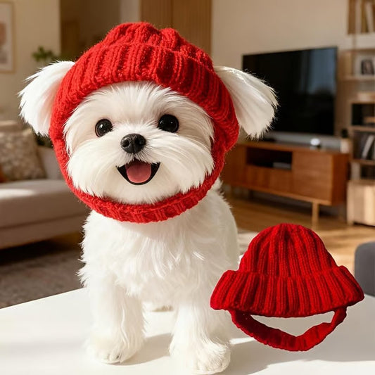 Bonnet rouge en tricot pour chien avec oreillettes – Bonnet d'hiver chaud