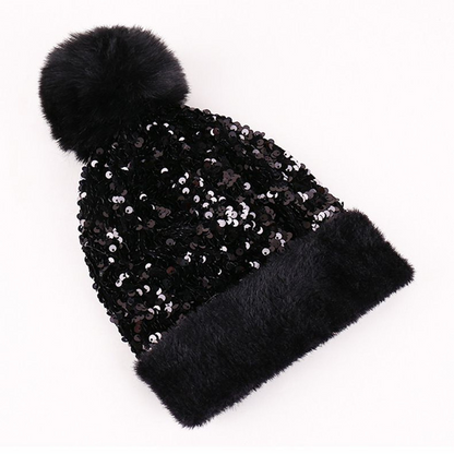 Bonnet d'hiver à pompon et paillettes scintillantes