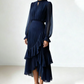 Robe midi plissée pour femme avec volants et encolure en trou de serrure
