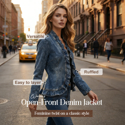 🧥 51 % DE RÉDUCTION !! 🌸 Veste en jean pour femme à volants et devant ouvert – Légère et féminine – Polyvalente et chic 👗