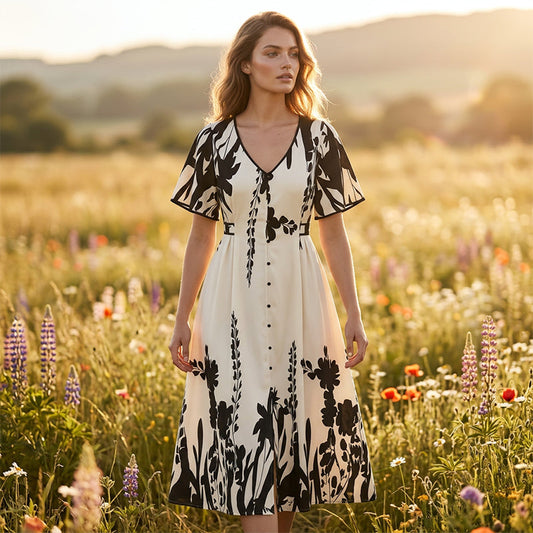 👗 49% de réduction✨Robe midi élégante à col en V et imprimé botanique🍂