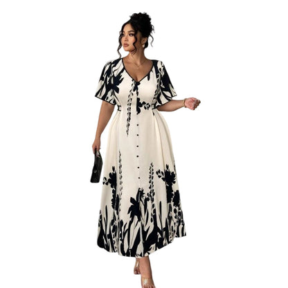 👗 49% de réduction✨Robe midi élégante à col en V et imprimé botanique🍂