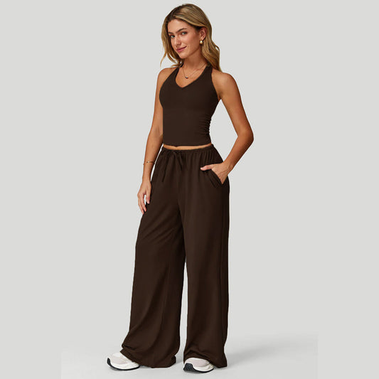 🌺50 % de réduction + livraison gratuite🎀 Ensemble haut court dos nu et pantalon large pour femme