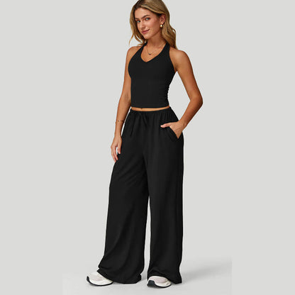 🌺50 % de réduction + livraison gratuite🎀 Ensemble haut court dos nu et pantalon large pour femme