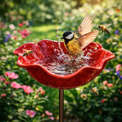 💝Cadeaux Fête des Mères 2026 à -50%🎁🐦 Piquet de jardin en métal fait main avec fleurs – Bain d'oiseaux et décoration extérieure pour les amoureux de la nature 🌸