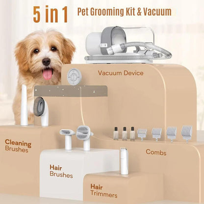 🐶 Kit de toilettage 5 en 1 pour animaux de compagnie | Aspire les poils pendant que vous brossez • Silencieux