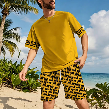 📢📢53 % DE RÉDUCTION !! ⏰👕Ensemble de survêtement à manches courtes pour homme, imprimé graphique jaune