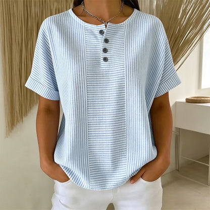🥳🔥 PROMO FLASH 50% ! T-shirt Femme Henley Rayé Décontracté – Col Boutonné, Tissu Léger, Coupe Confy, Style Bohème Chic pour l'Été 💞