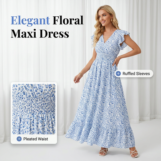 Robe longue à fleurs pour femme, col en V et manches flottantes