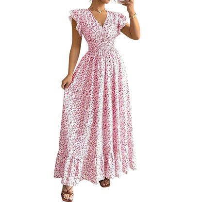 Robe longue à fleurs pour femme, col en V et manches flottantes