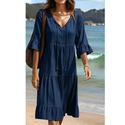👗Women's V-Neck Tassel Tie Tiered Midi Dress